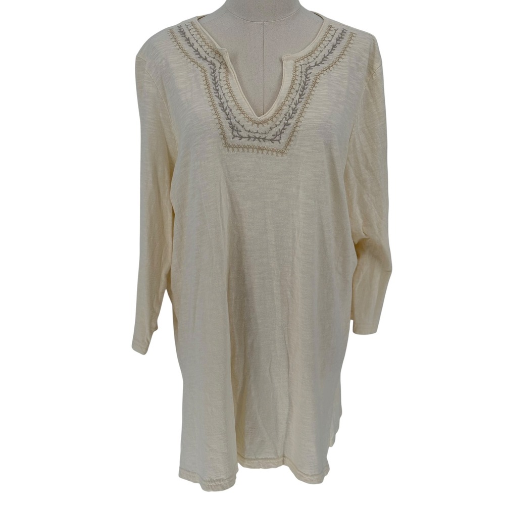 Decorated Originals Tunic Top Cream Embroidered V-Neck 100% Cotton XL